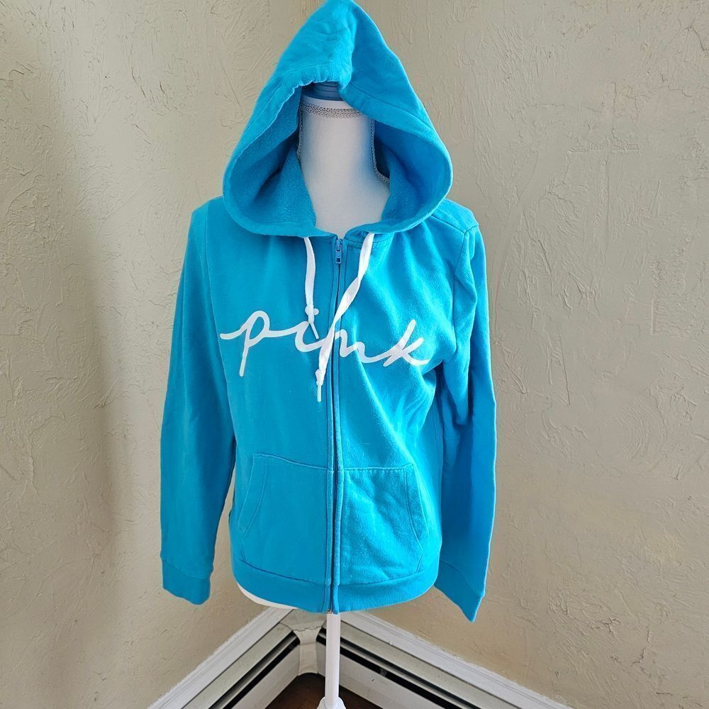 VS Pink Turquois Blue Hoodie With Zippered Front with Pink Logo Size Medium